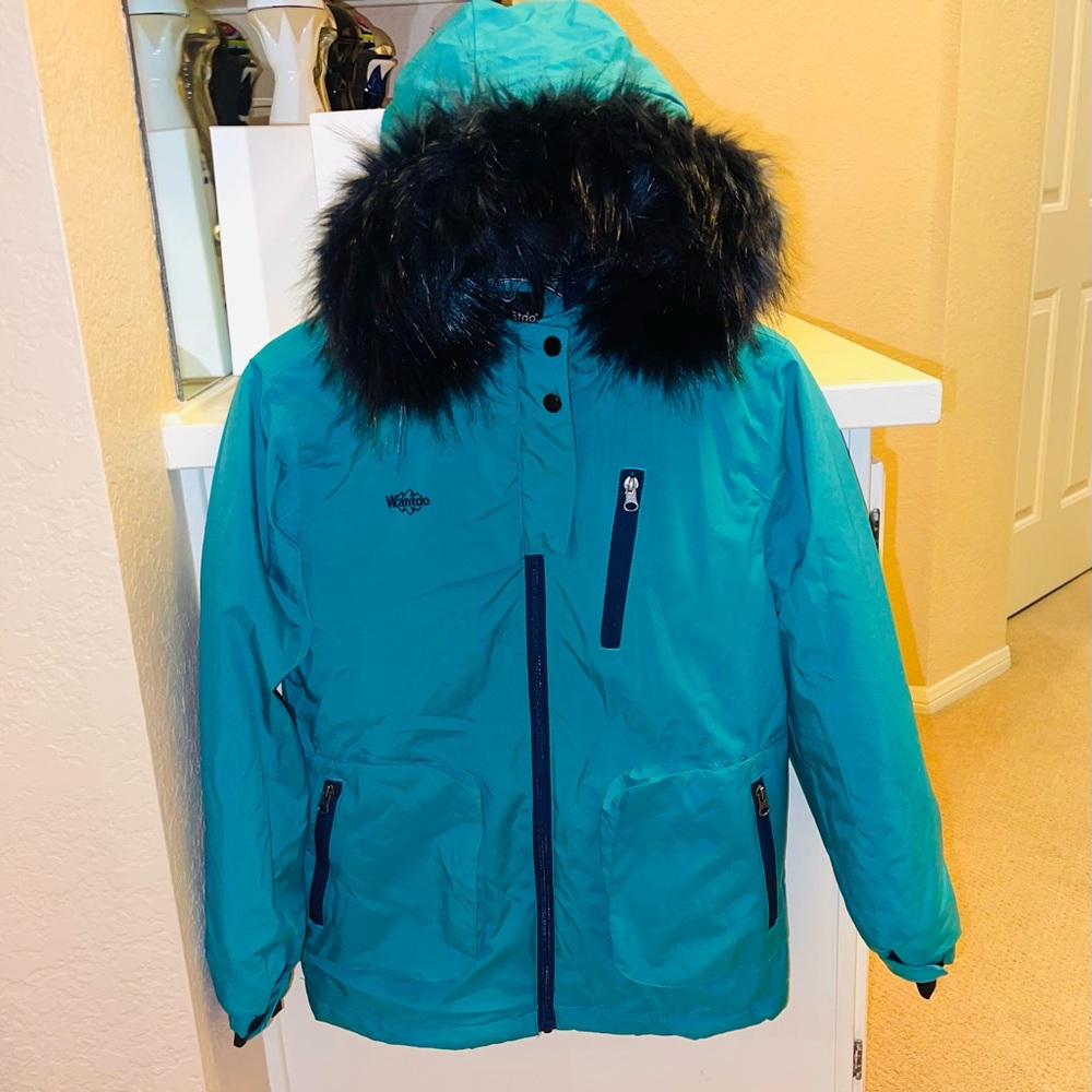 wantdo Girls' Waterproof Winter Snow Ski Jacket Teal Green w/Black Fur sz 10-12